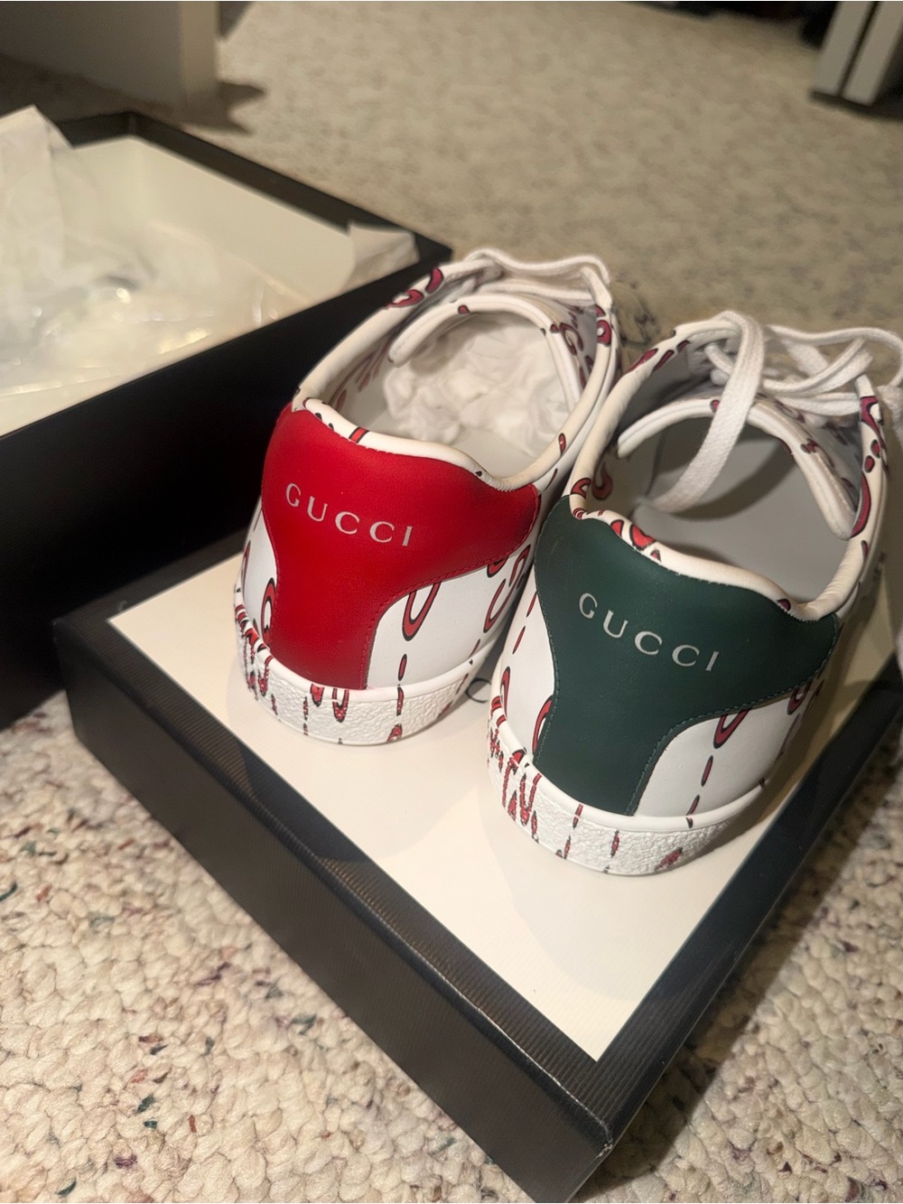 Gucci White Leather Sneakers with Red & Green Heel Tabs